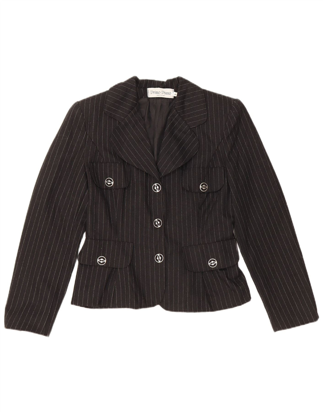 Giacca blazer vintage da donna a 3 bottoni UK 10 piccola viscosa gessata nera