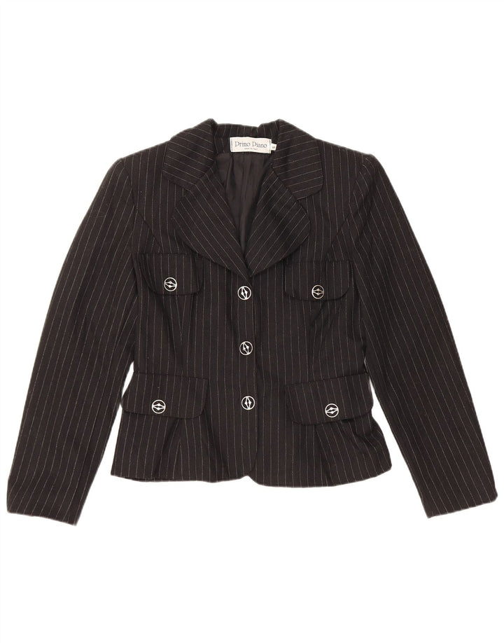 Giacca blazer vintage da donna a 3 bottoni UK 10 piccola viscosa gessata nera