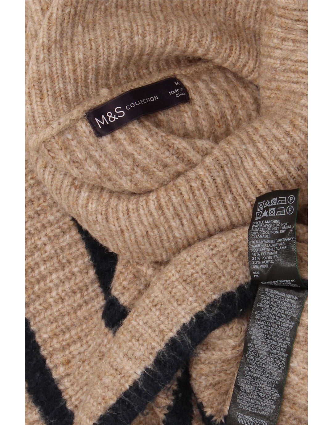 Marks & Spencer Womens Roll Neck Jumper Sweater UK 14 Medium Beige Striped
