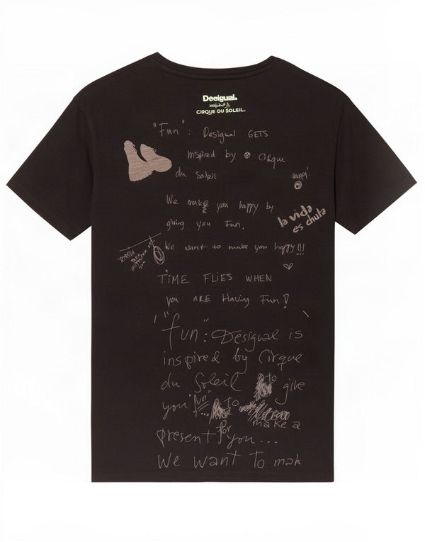 Desigual Mens Social Circle Fútbol Gráfico Camiseta Top Pequeño Algodón Negro