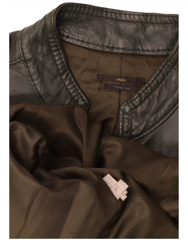 Sasch Womens Military Crop Leather Jacket UK 14 Large Green