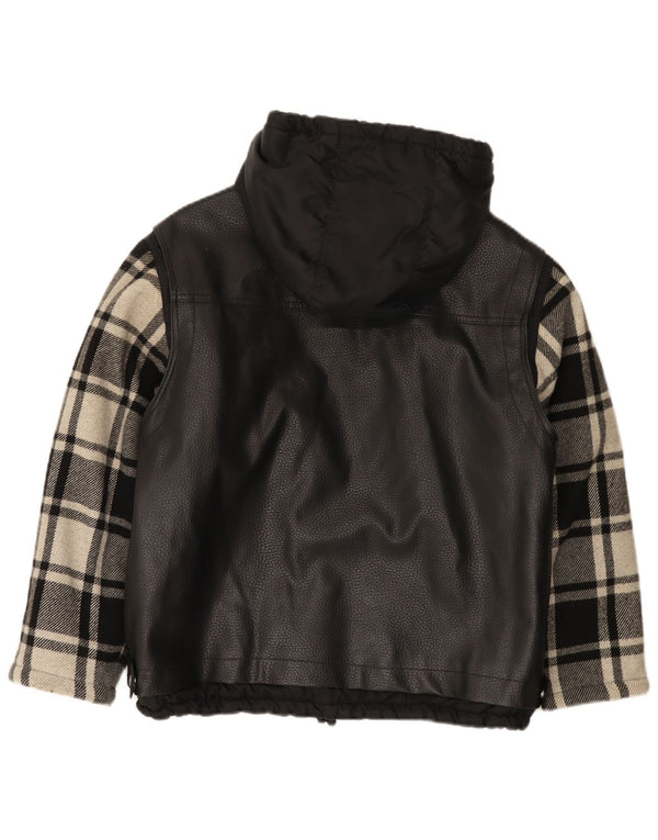 Cappotto vintage da ragazzo con giacca a vento con cappuccio 11-12 anni in polivinile nero a quadri