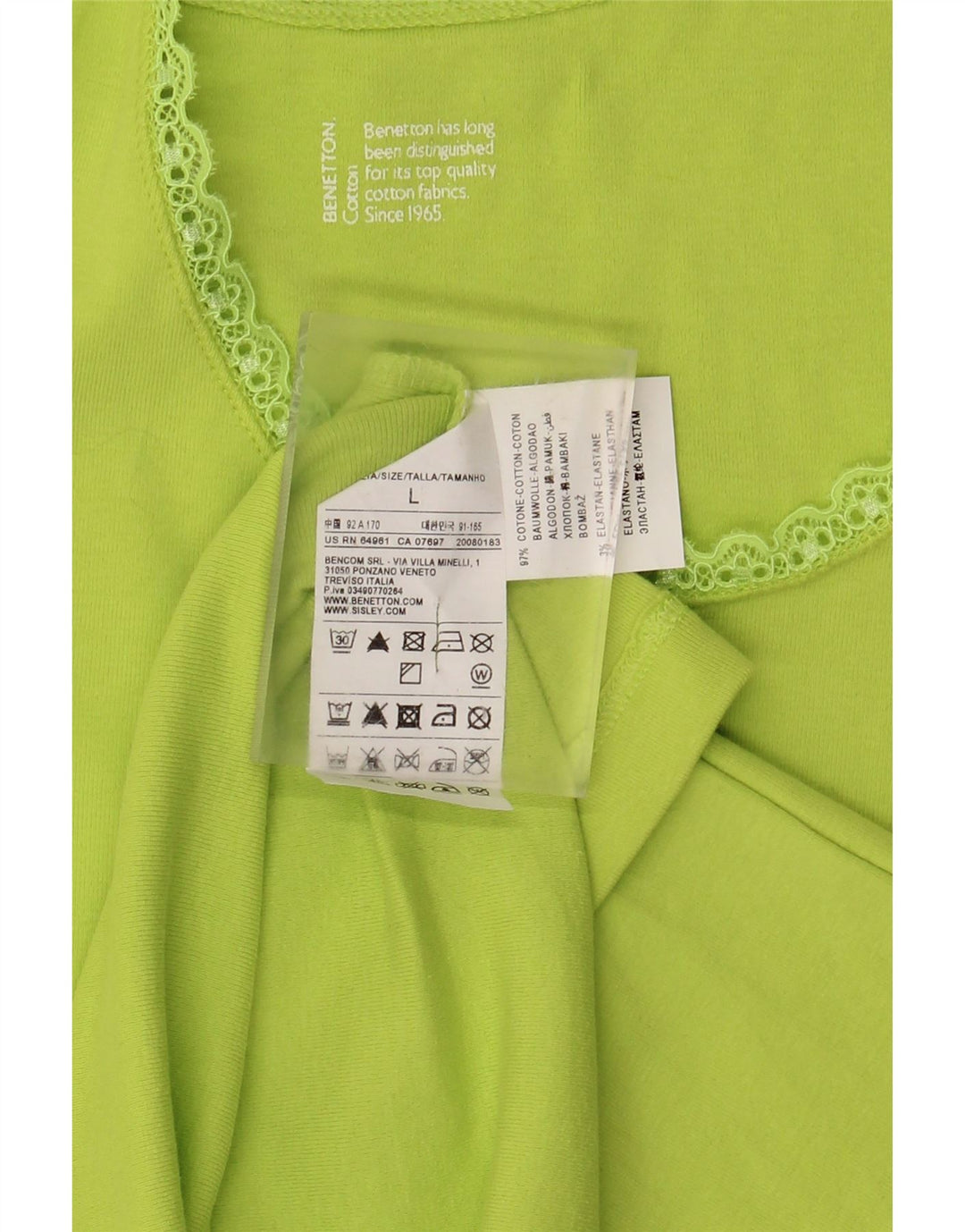 BENETTON Womens Vest Top UK 14 Large Green Cotton