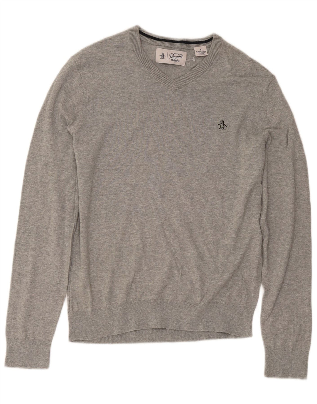 Penguin Mens V-Neck Jumper Sweater Medium Grey Cotton