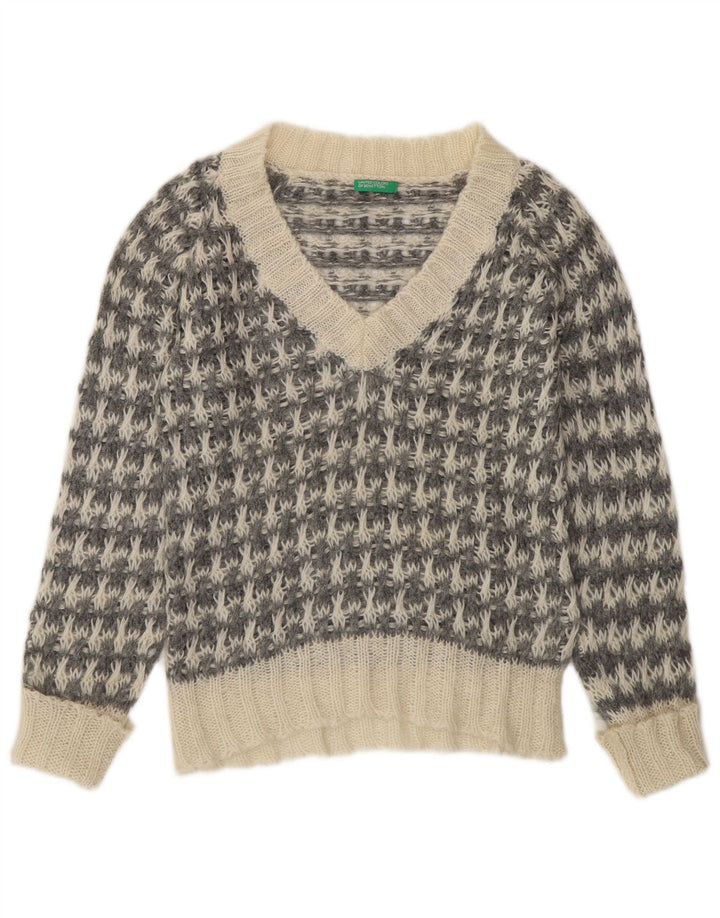 Benetton Damen-Pullover mit V-Ausschnitt, Gr. 14, Mittelgrau mit Hahnentrittmuster
