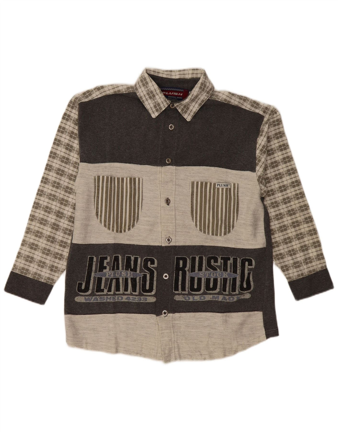Vintage Herren-Flanellhemd mit grafischem Muster, mittelgraue Karo-Baumwolle