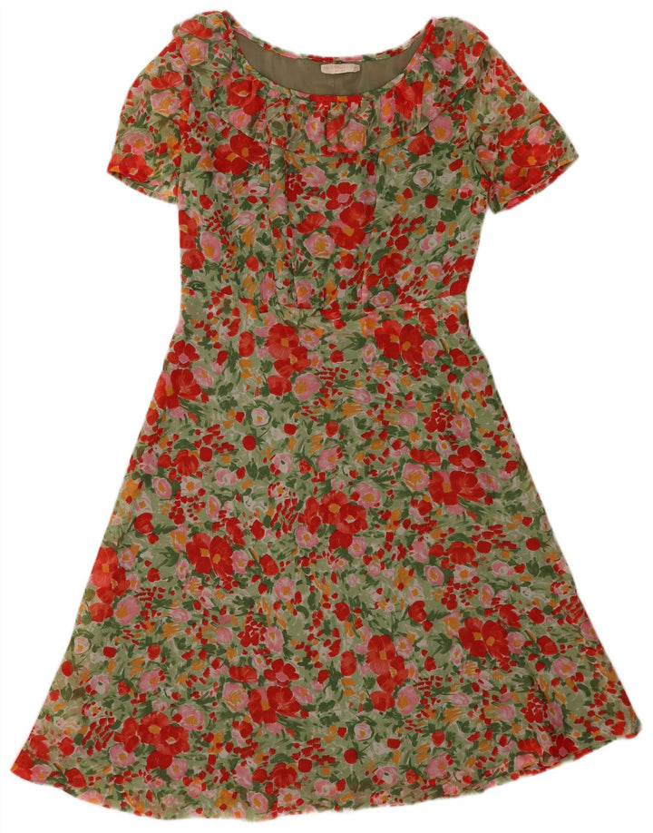 Vintage Damen A-Linie Kleid UK 12 Medium Mehrfarbig Blumen Polyamid