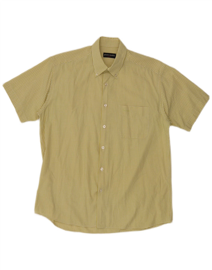 Pierre Cardin Mens Short Sleeve Shirt Size 40 Medium Yellow Gingham Cotton