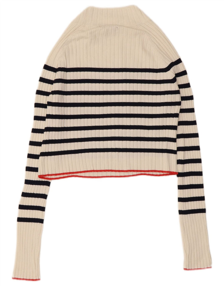 Zara Womens Crop Turtle Neck Jumper Sweater UK 12 Medium White Striped