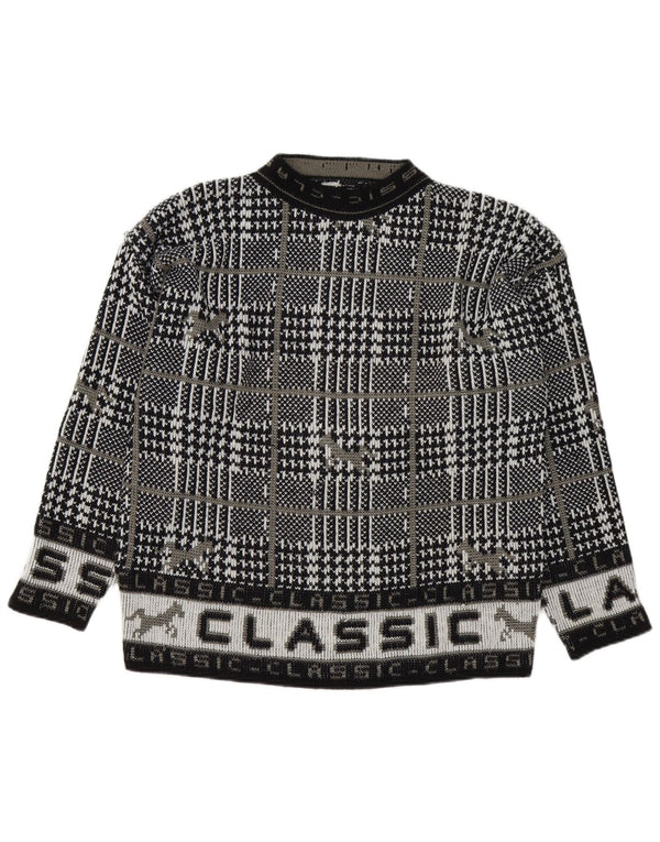 vintage Mens Graphic Crew Neck Jumper Pull Grand Carreau Noir