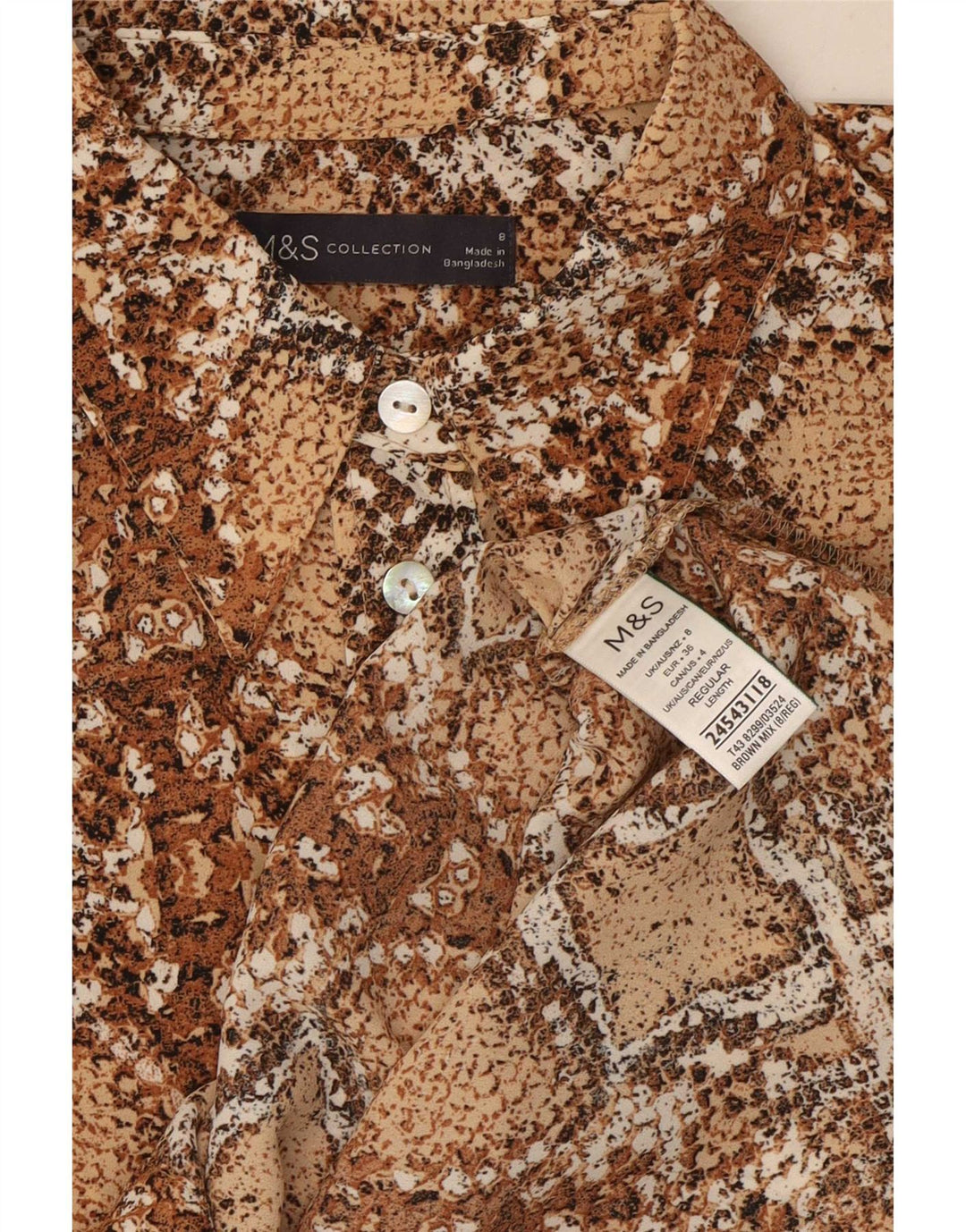 Marks & Spencer Womens Shirt Blouse UK 8 Small Brown Animal Print Polyester