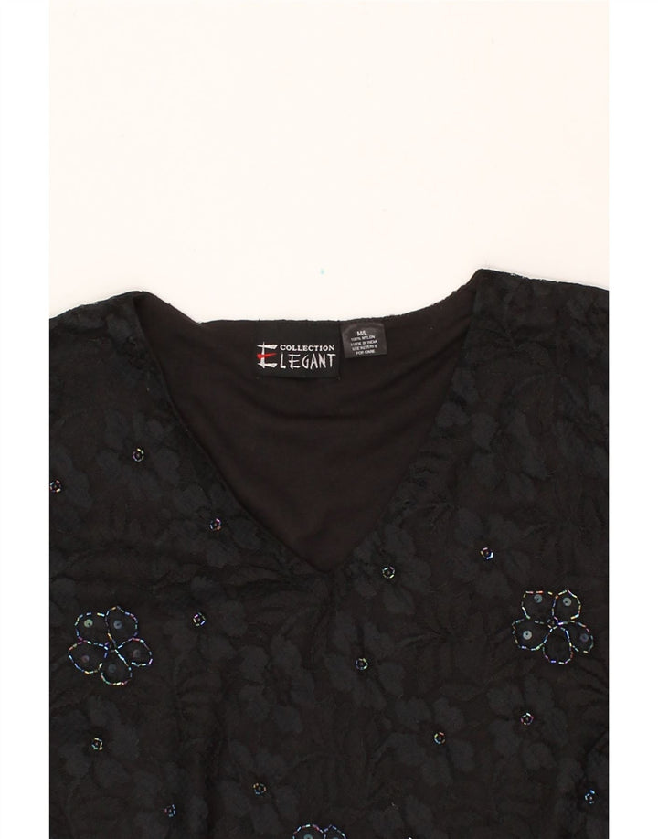 VINTAGE Womens Blouse Top UK 14 Medium Black Floral Nylon Vintage Vintage and Second-Hand Vintage from Messina Hembry 