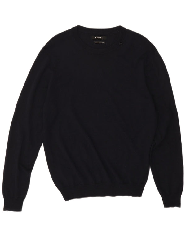 Replay Mens Crew Neck Jumper Sweater Medium Navy Blue Merino Wool