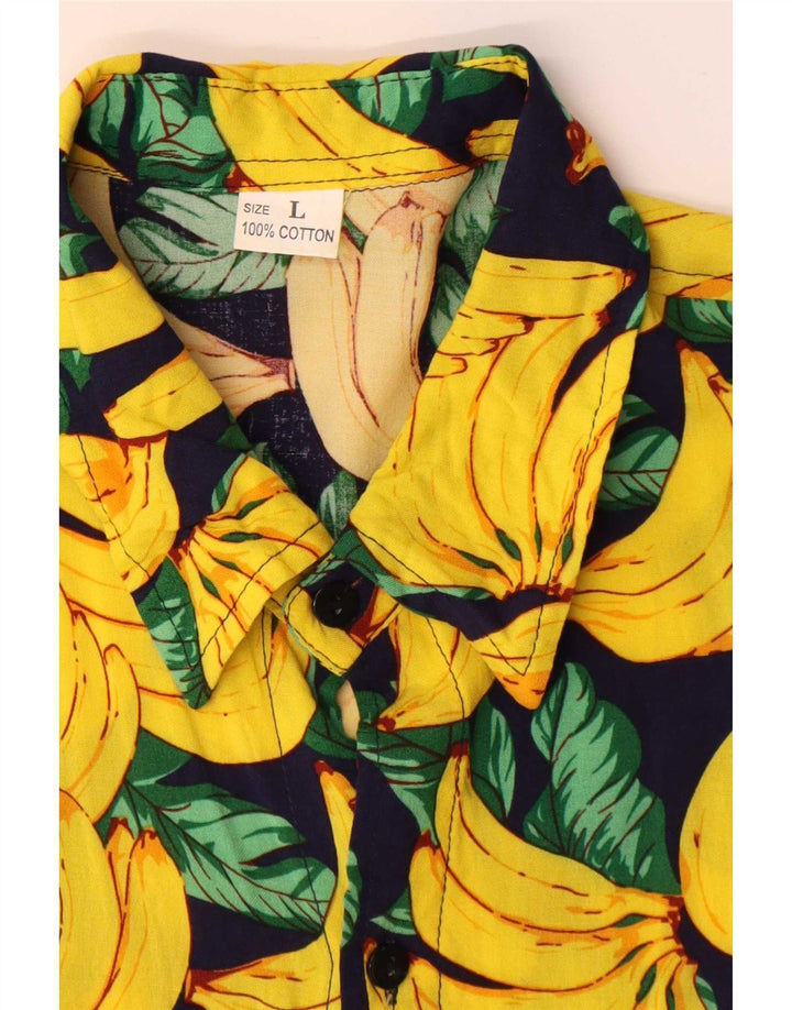 Vintage Mens Abstract Pattern Short Sleeve Shirt Large Yellow Cotton