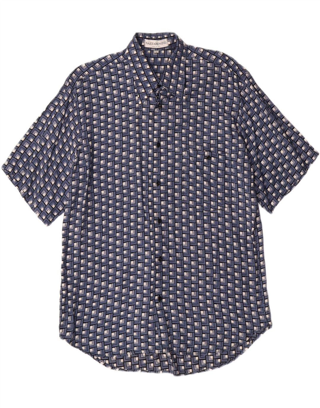 NAZZARENO G. Mens Short Sleeve Shirt Medium Blue Geometric Viscose Vintage Nazzareno G. and Second-Hand Nazzareno G. from Messina Hembry 