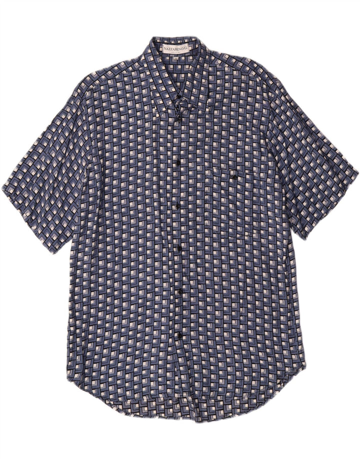NAZZARENO G. Mens Short Sleeve Shirt Medium Blue Geometric Viscose Vintage Nazzareno G. and Second-Hand Nazzareno G. from Messina Hembry 