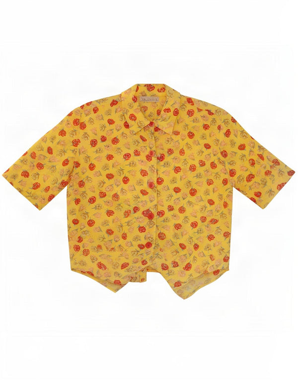 Vintage Womens Crop kortærmet skjortebluse UK 14 Medium Yellow Floral