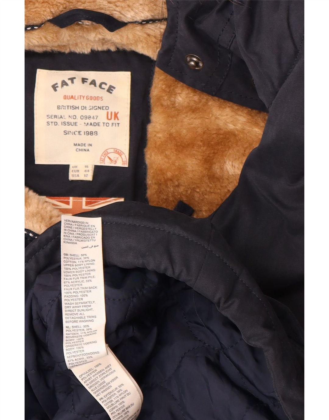Giacca Parka Sherpa con cappuccio da donna Fat Face UK 16 Large in poliestere blu navy