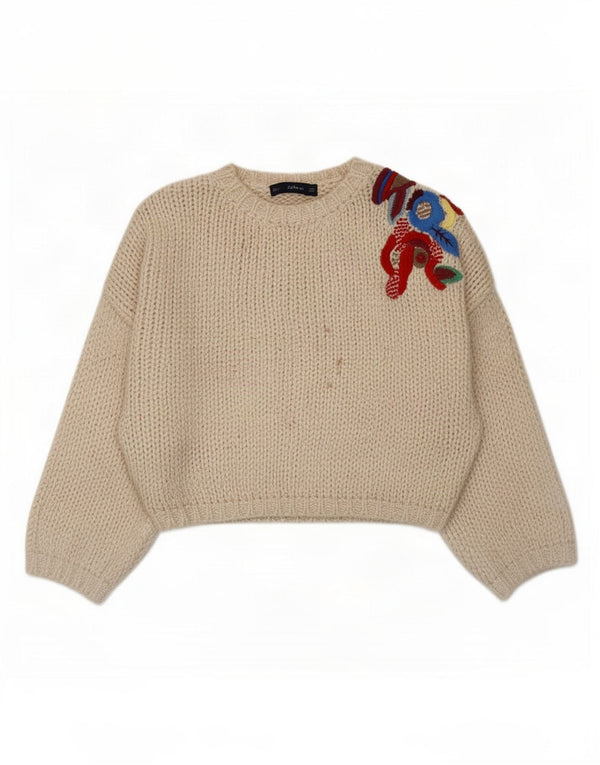 Zara Pull surdimensionné à col rond pour femme UK 14 Beige moyen floral