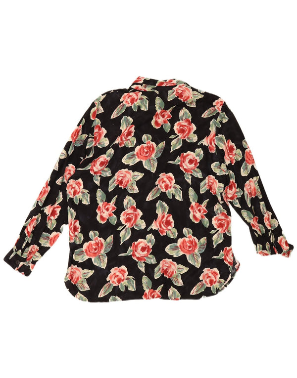 Vintage mujer camisa blusa EU 46 XL negro floral viscosa