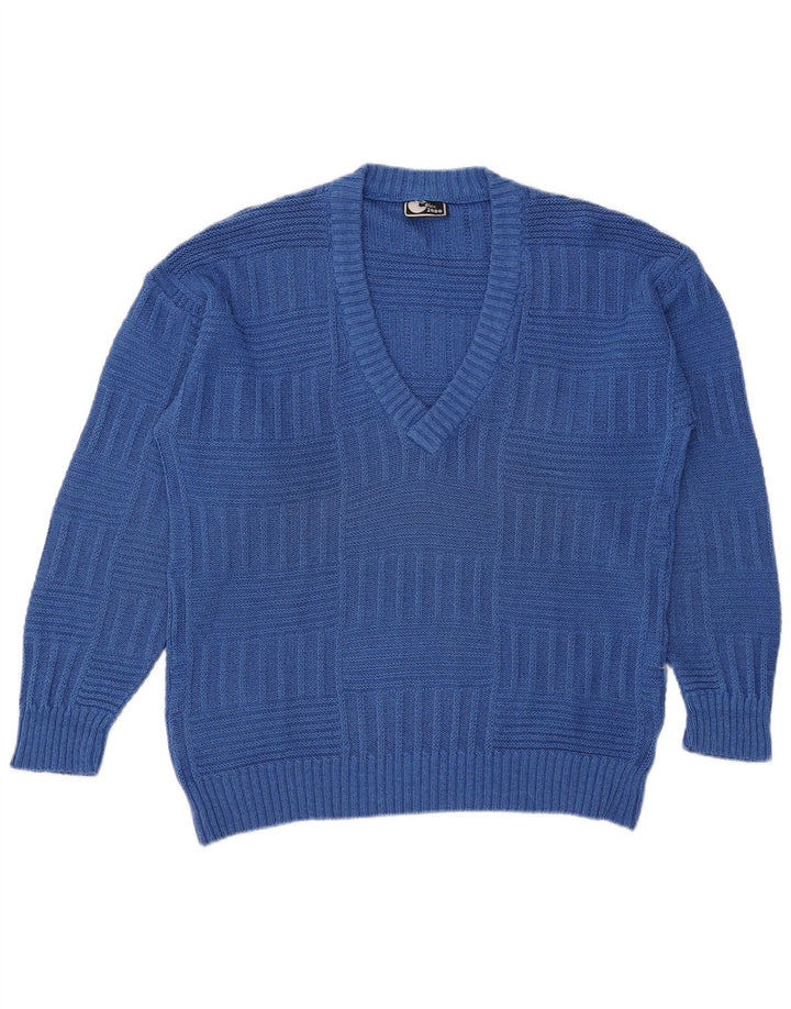 Maglione vintage da uomo con scollo a V in cotone blu medio