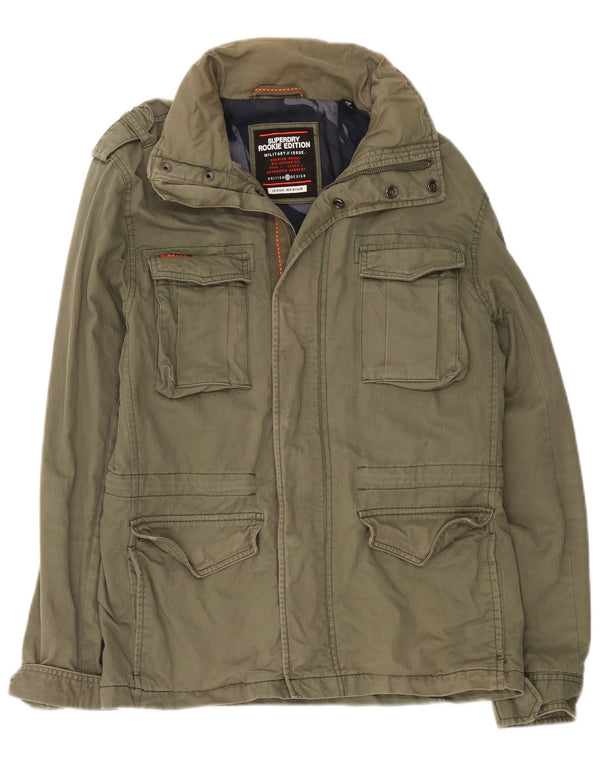 Superdry Mens Hooded Military Jacket UK 38 Medium Khaki Cotton