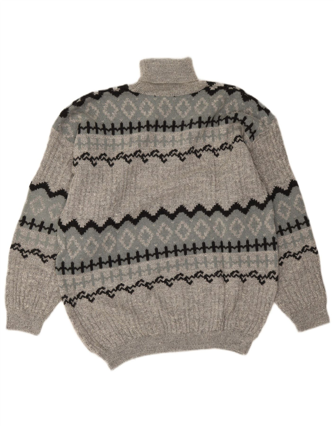 Vintage Mens Roll Neck Jumper Sweater Large Grey Fair Isle Alpaca Wool