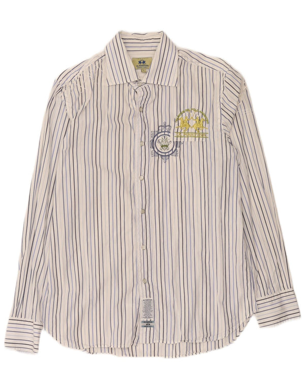 La Martina Mens Graphic Shirt Large White Pinstripe Cotton
