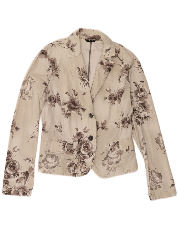Sisley Dame 2 Button Denim Blazer Jacket UK 10 Small Off White Floral