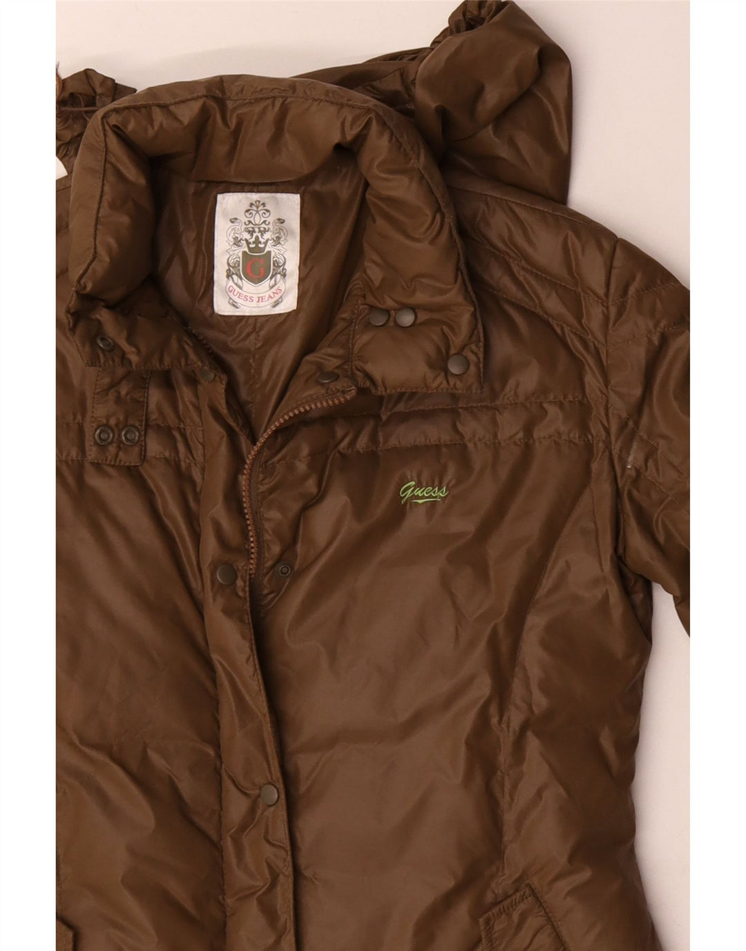 Guess Manteau rembourré à capuche pour femme UK 44 Medium Kaki Polyamide