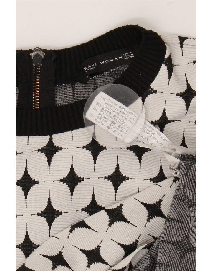 Zara Womens Abstract Pattern A-Line Dress UK 12 Medium White Cotton