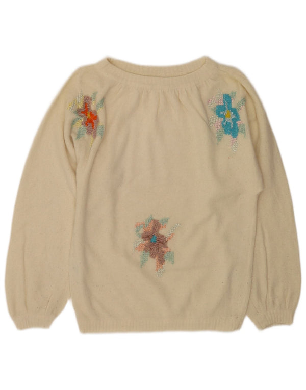 Maglione da donna vintage con scollo a barca, UK 12, medio, bianco sporco, floreale