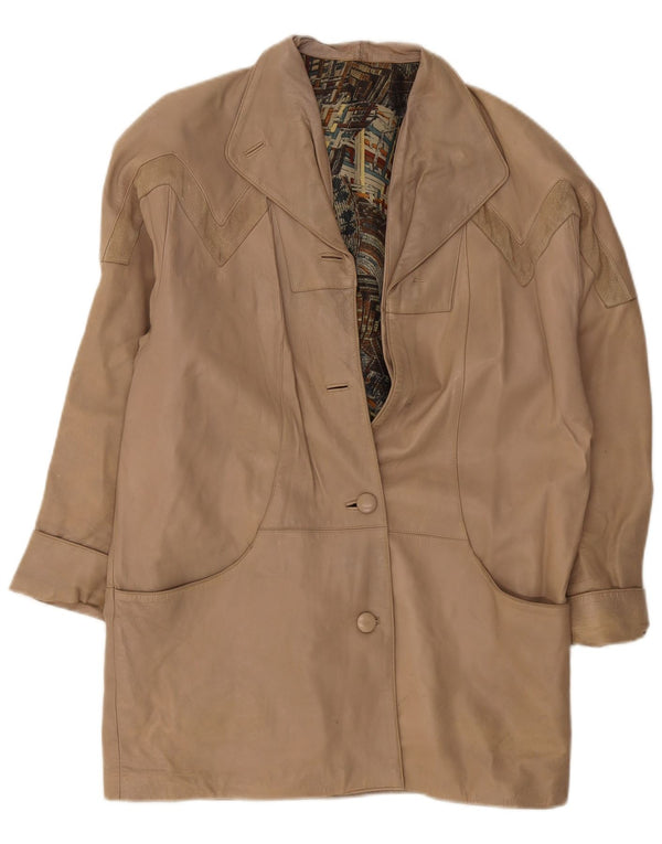 Vintage Womens Leather Coat UK 16 Large Beige Colourblock