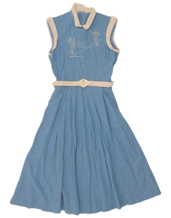 vintage Femme Robe Maxi Sans Manches UK 10 Petit Vichy Bleu