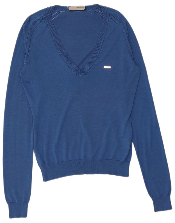 Dsquared2 Damen-Pullover mit V-Ausschnitt, UK 12, mittelblaue Seide