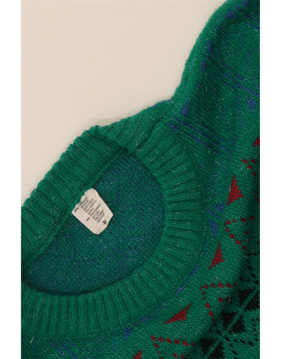Vintage Mens Crew Neck Jumper Sweater Medium Green Geometric Acrylic