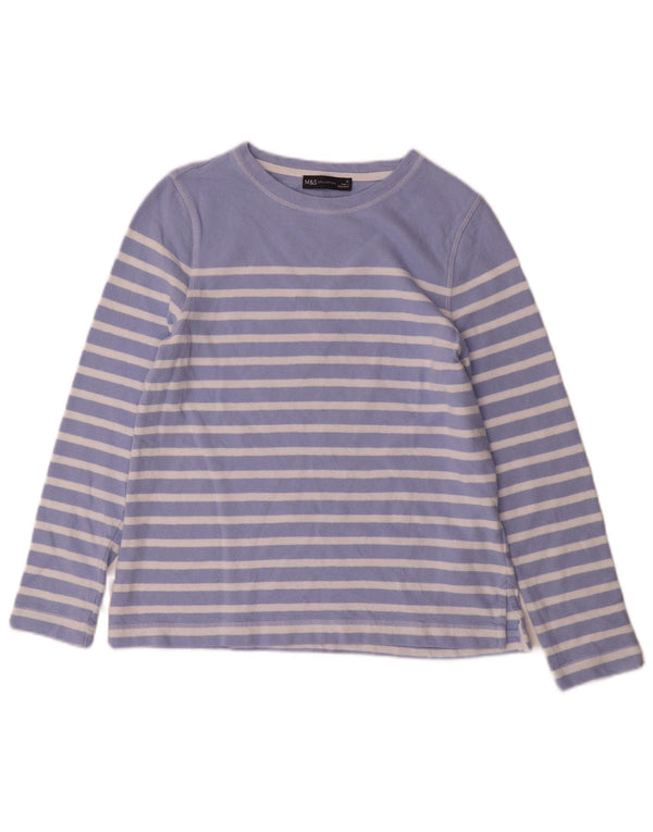 Marks & Spencer Womens Top Long Sleeve UK 10 Small Blue Striped Cotton