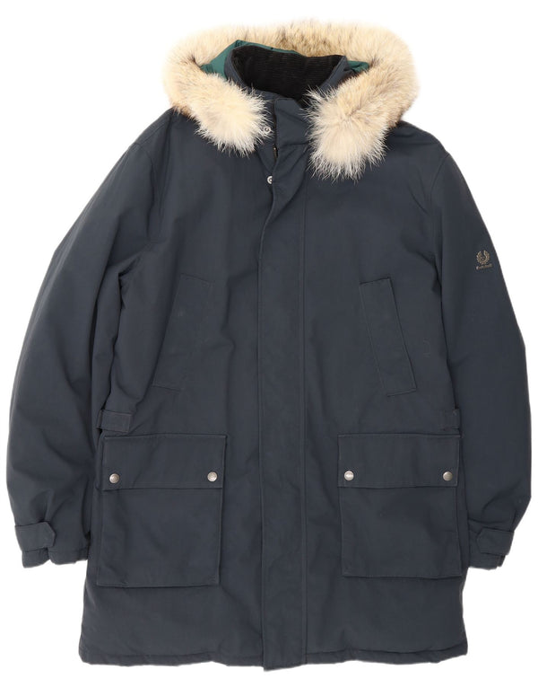 Giacca Parka da uomo con cappuccio Belstaff UK 40 Large in nylon blu navy