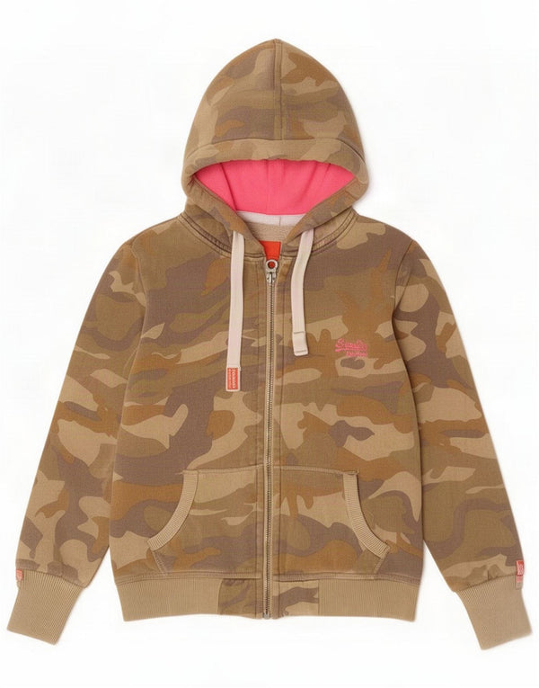 Superdry hættetrøje til kvinder med lynlås UK 10 Small Khaki Camouflage Cotton