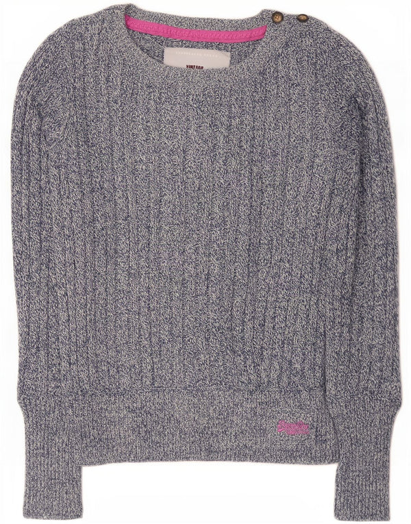Superdry Dame Boat Neck Jumper Sweater UK 14 Large Blue Flecked Bomuld