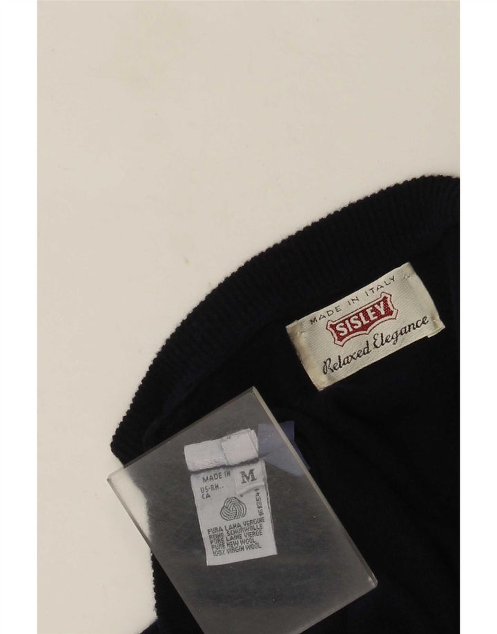 Sisley Mens V-Neck Jumper Sweater Medium Navy Blue Virgin Wool