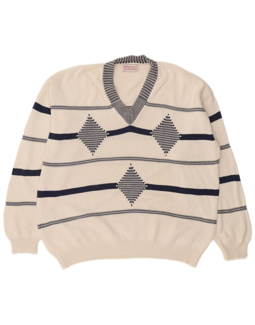 Stefanel Mens V-Neck Jumper Sweater XL White Argyle/Diamond