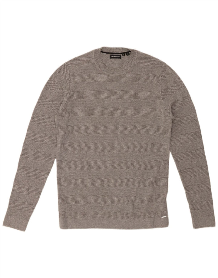 SUPERDRY Mens Crew Neck Jumper Sweater Small Grey Striped Cotton