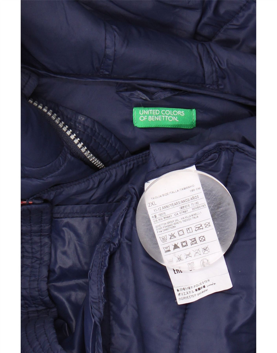 BENETTON Boys Hooded Padded Jacket 11-12 Years 2XL Navy Blue Polyamide Vintage Benetton and Second-Hand Benetton from Messina Hembry 