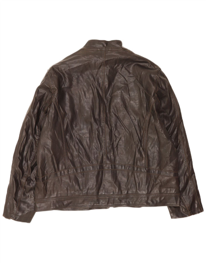 BKE Mens Faux Leather Jacket UK 44 2XL Brown Polyvinyl