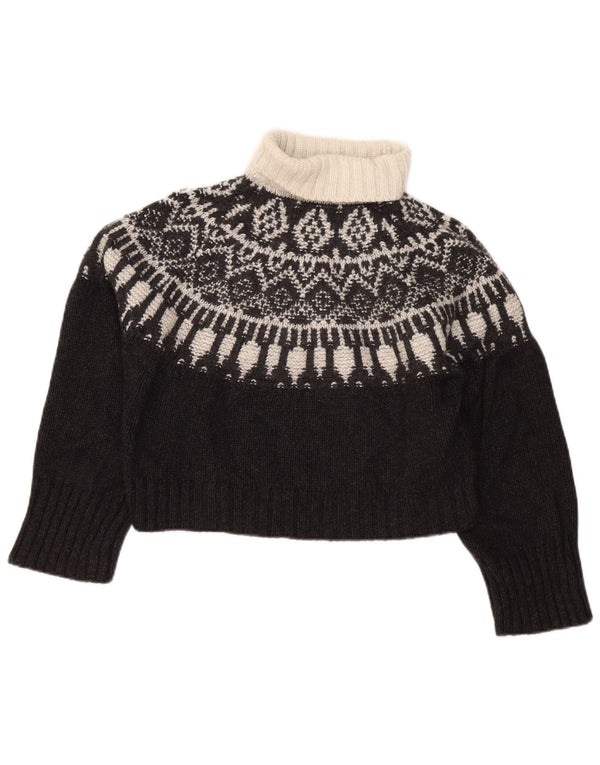Massimo Dutti Womens Crop Roll Neck Jumper Sweater UK 6 XS Black Fair Isle