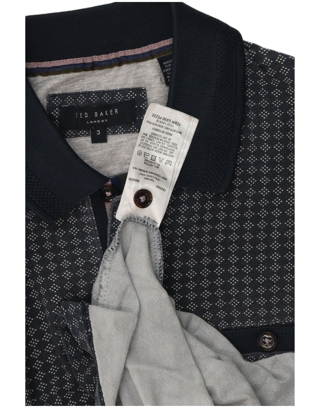 Ted Baker Mens Polo Shirt Size 3 Medium Navy Blue Geometric
