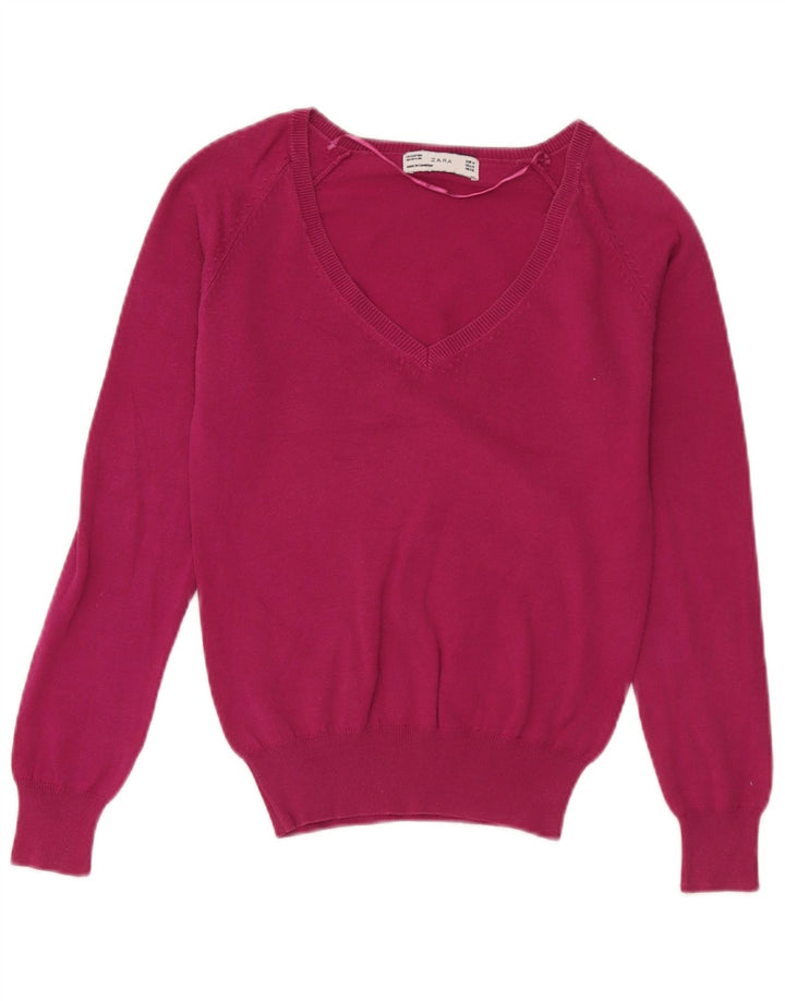Zara Womens V-Neck Jumper Sweater UK 12 Medium Pink