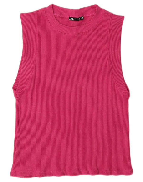 Zara Womens Crop Vest Top UK 14 Large Pink Bomuld