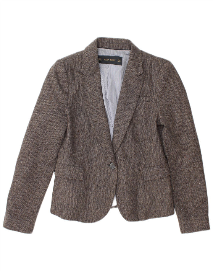 Zara Womens 1 Button Blazer Jacket UK 12 Medium Grey Herringbone Acetate